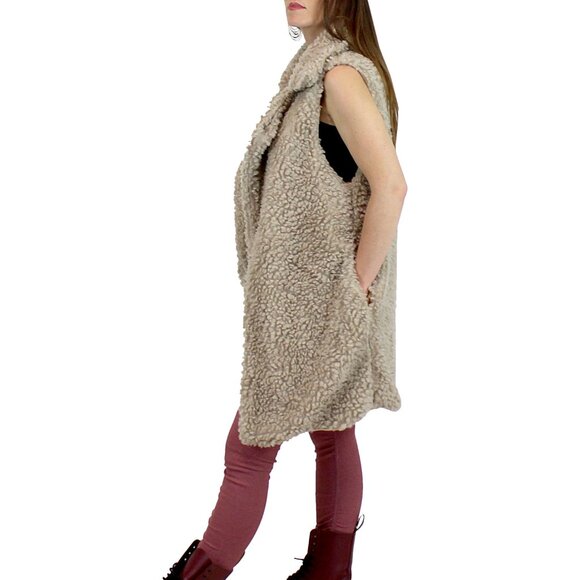Soft Cozy Shaggy Faux Fur Long Vest Fuzzy Wrap Khaki - Picture 6 of 9
